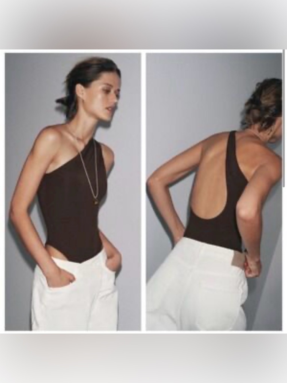 Zara One-Shoulder Asymmetric Brown Bodysuit with Scoop Back